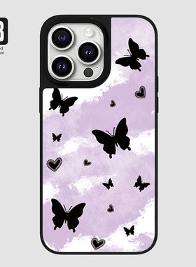 紫色晕染蝴蝶爱心镜面苹果16pro手机壳iphone15max温柔14小众13简约12高级感11补妆镜plus黑色XR保护套适用女