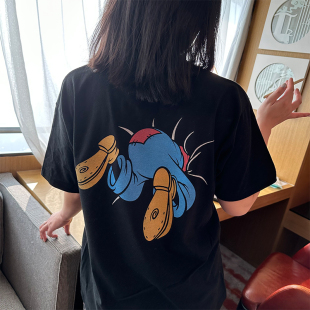 新款 t恤女夏季 设计感小众宽松纯棉上衣ins潮 复古正反高菲短袖 美式