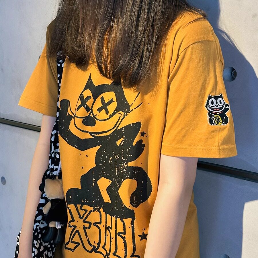 美式复古卡通菲力猫印花棉宽松休闲百搭情侣短袖T恤男女同款上衣