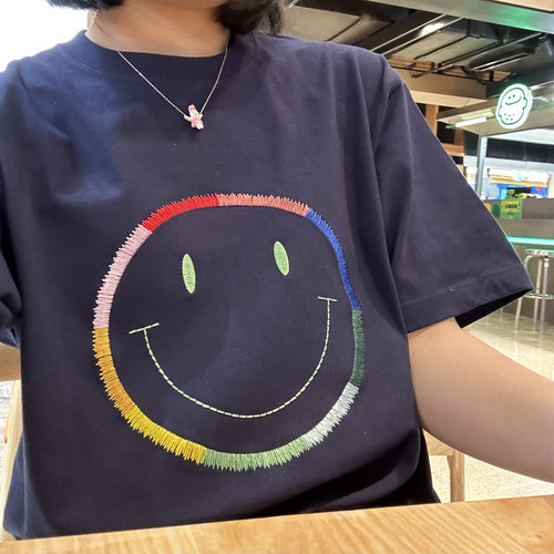 刺绣款简约阳光笑脸卡通百搭重磅复古潮纯棉藏蓝显白圆领短袖T恤
