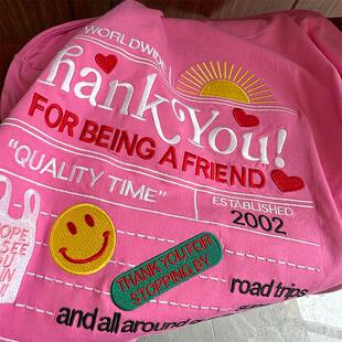 10w针重工全刺绣棉正反设计感美式 t恤女 减龄复古宽松显白玫红短袖