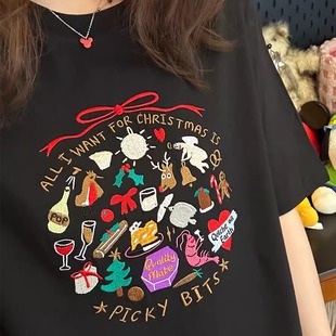 北欧重工刺绣圣诞风限定学院高级感纯棉百搭宽松原创小众可爱T恤