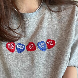 爱心刺绣卡通百搭纯棉休闲宽松复古精致简约日系通勤情侣短袖 T恤