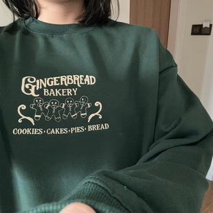 圣诞姜饼人卡通刺绣简约休闲宽松纯棉圆领学院显白复古卫衣上衣潮