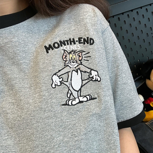 卡通刺绣时尚 t恤女夏季 流行宽松上衣潮 复古重磅简约撞色短袖 美式