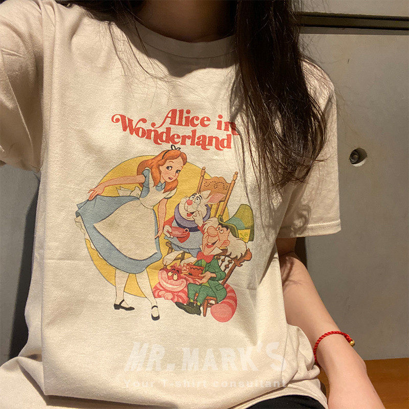 马克先生自制 复古爱丽丝和小动物卡通印花百搭古着闺蜜装纯棉T恤