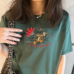 新款 刺绣款 t恤女夏季 跳跳虎美式 宽松显瘦百搭纯棉上衣潮 复古短袖