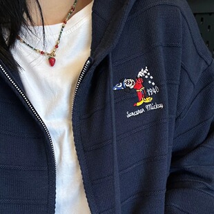 卡通魔法复古经典米奇刺绣连帽拉链针织开衫女宽松情侣毛衣外套潮
