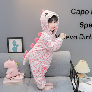 婴儿可爱恐龙连体睡衣女宝冬季厚款家居服女小童法兰绒防着凉睡袋