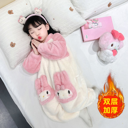 儿童连体睡衣珊瑚绒秋冬季新款加绒加厚宝宝睡袋女童法兰绒家居服