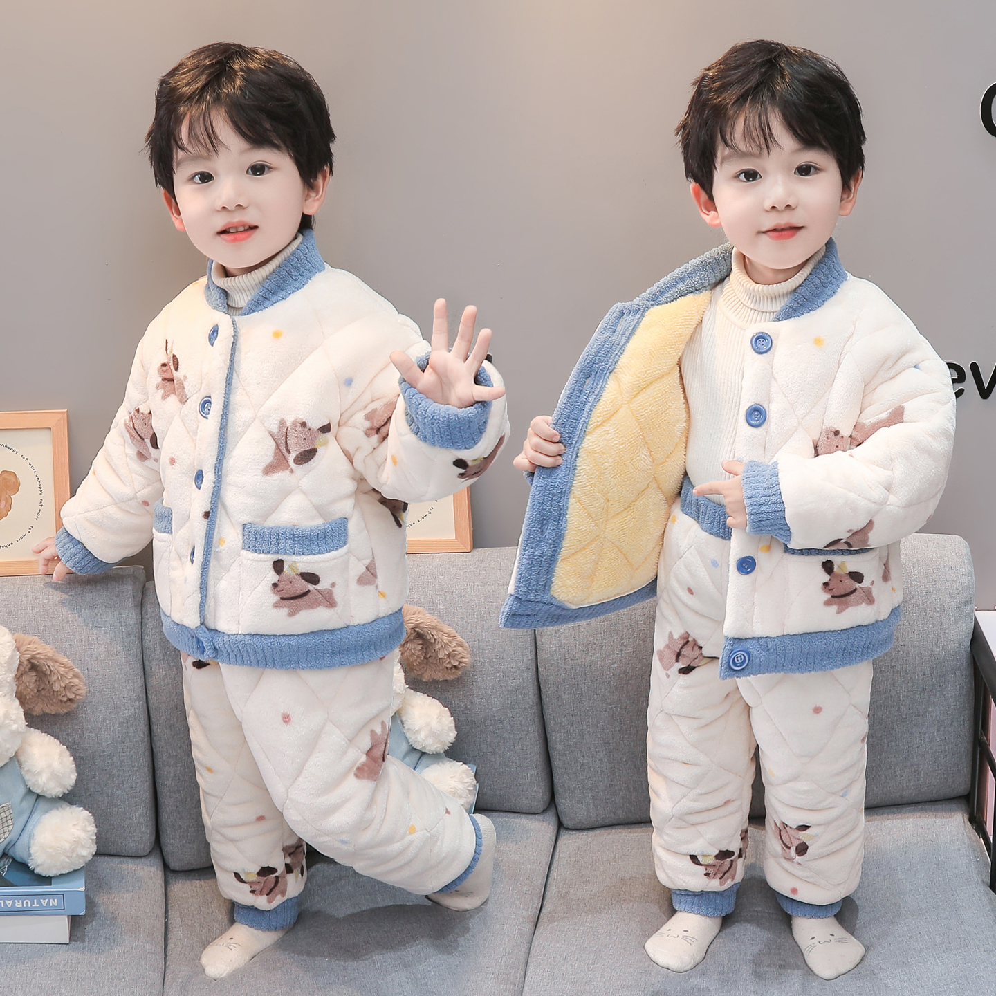 儿童珊瑚绒睡衣男童冬季三层夹棉男宝宝加厚法兰绒套装男孩家居服