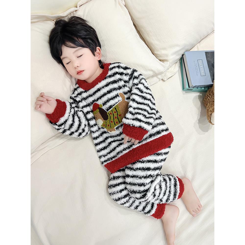 男童睡衣秋冬季珊瑚绒加厚男孩宝宝冬款法兰绒保暖卡通家居服套装