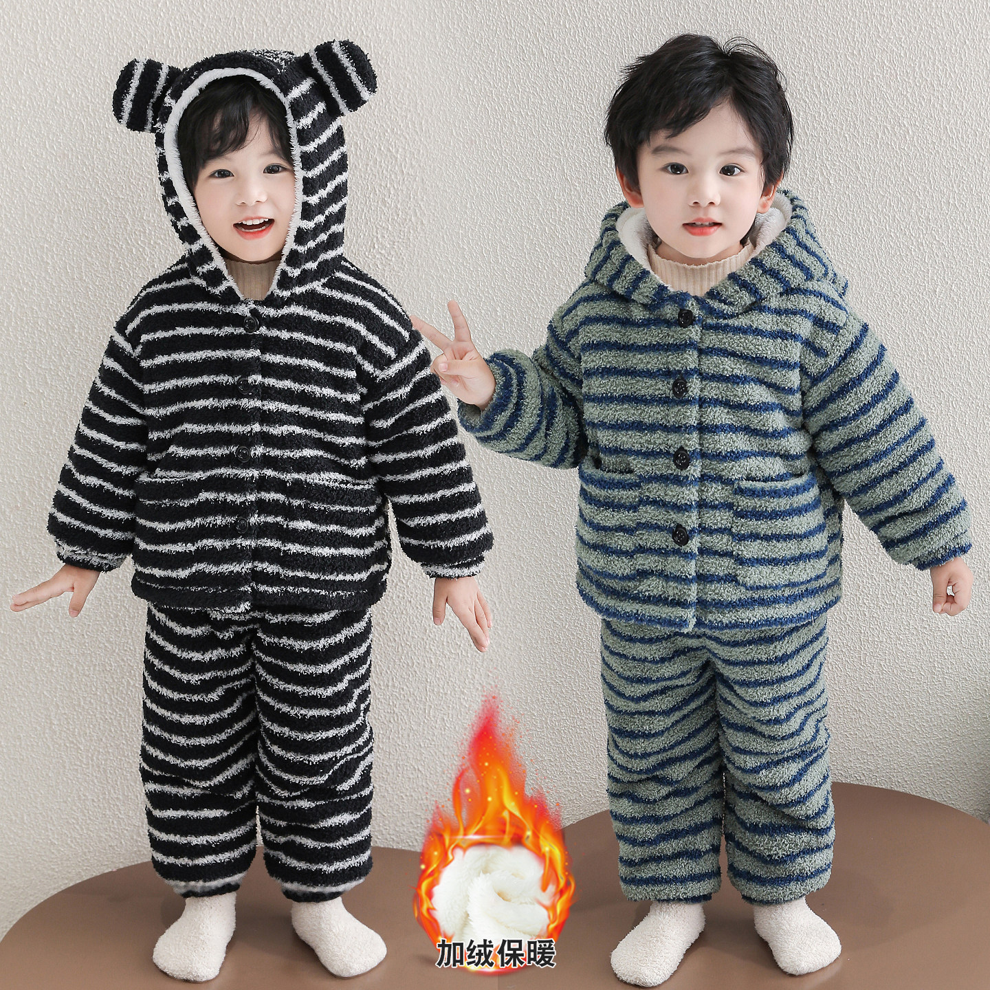 男童珊瑚绒睡衣秋冬季2025新款男宝宝加绒加厚儿童冬款家居服套装