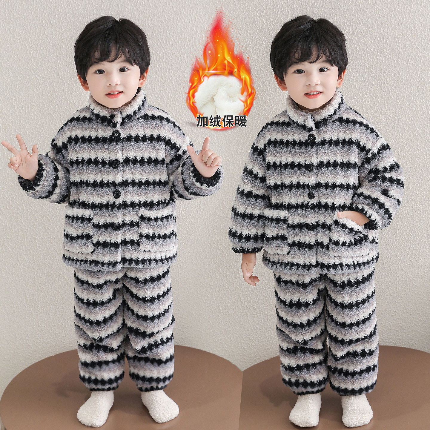 男童法兰绒睡衣休闲套装双层新款宝宝冬季加厚珊瑚保暖儿童家居服