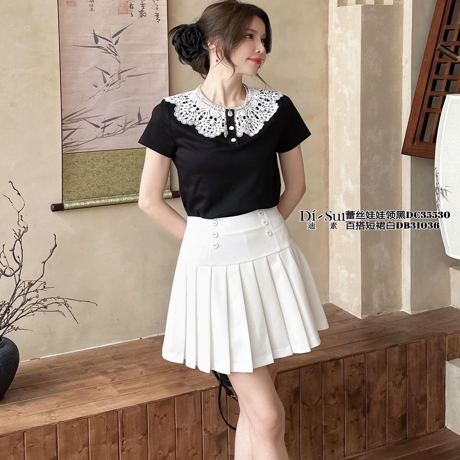 现货特价2024年Di-sui夏季新款娃娃领35530拼接通勤短袖上衣