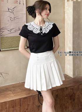 现货特价2024年Di-sui夏季新款娃娃领35530拼接通勤短袖上衣