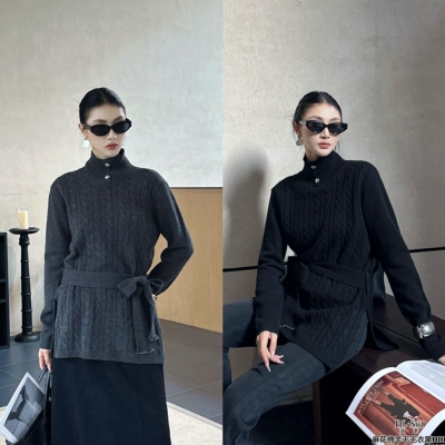 冬款立领收腰绑带羊毛衫女显瘦