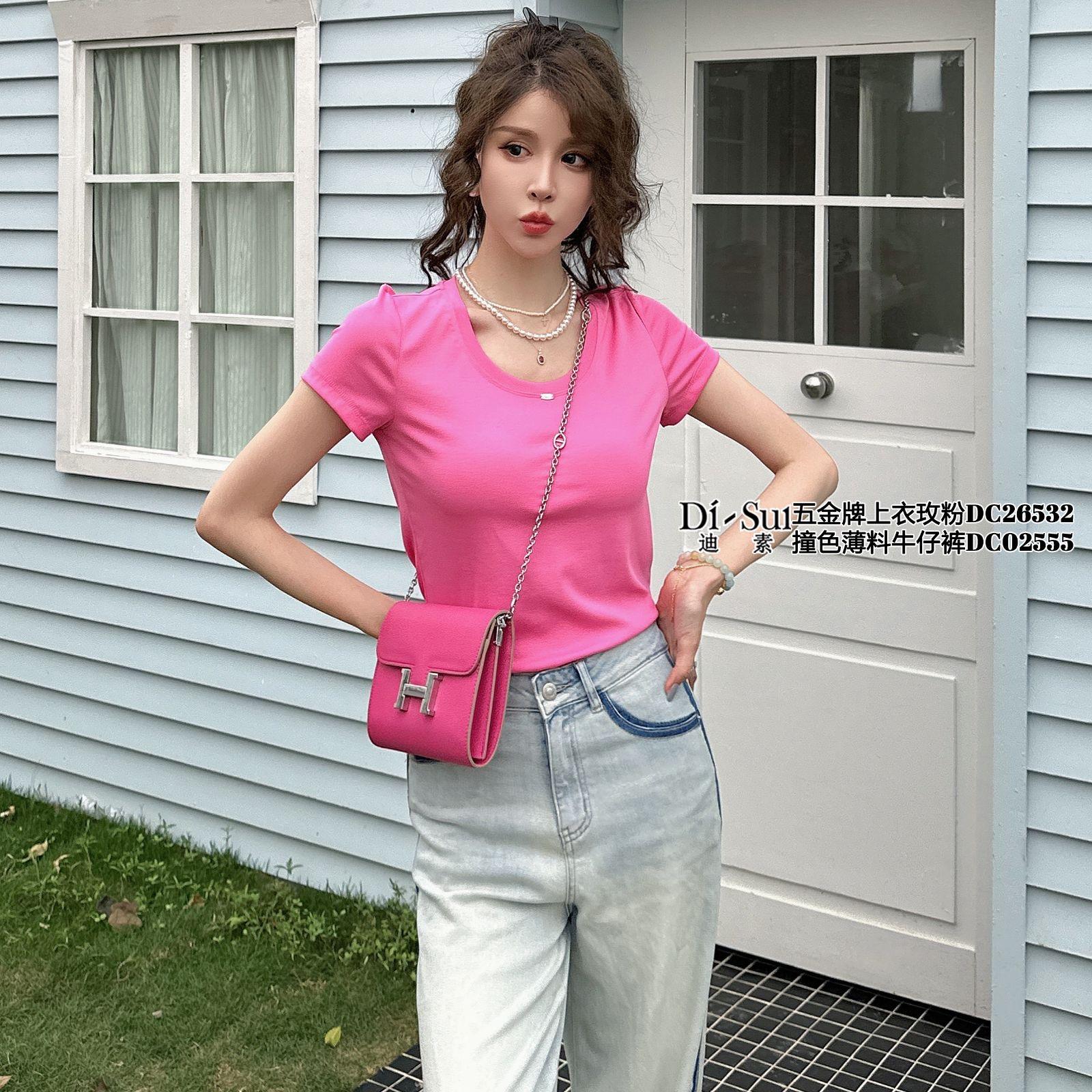 现货特价2024年Di-sui夏季新款26532时尚U领正肩短袖T恤女