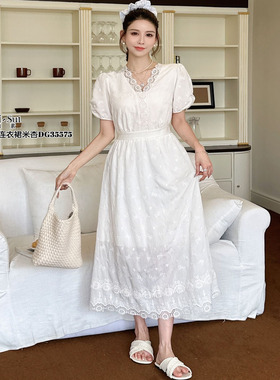 现货特价DI-SUI女装2025夏季35575法式复古V领蝴蝶结短袖连衣裙