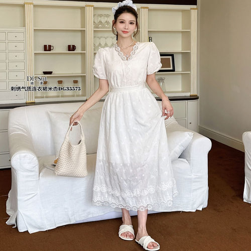 现货特价DI-SUI女装2025夏季35575法式复古V领蝴蝶结短袖连衣裙