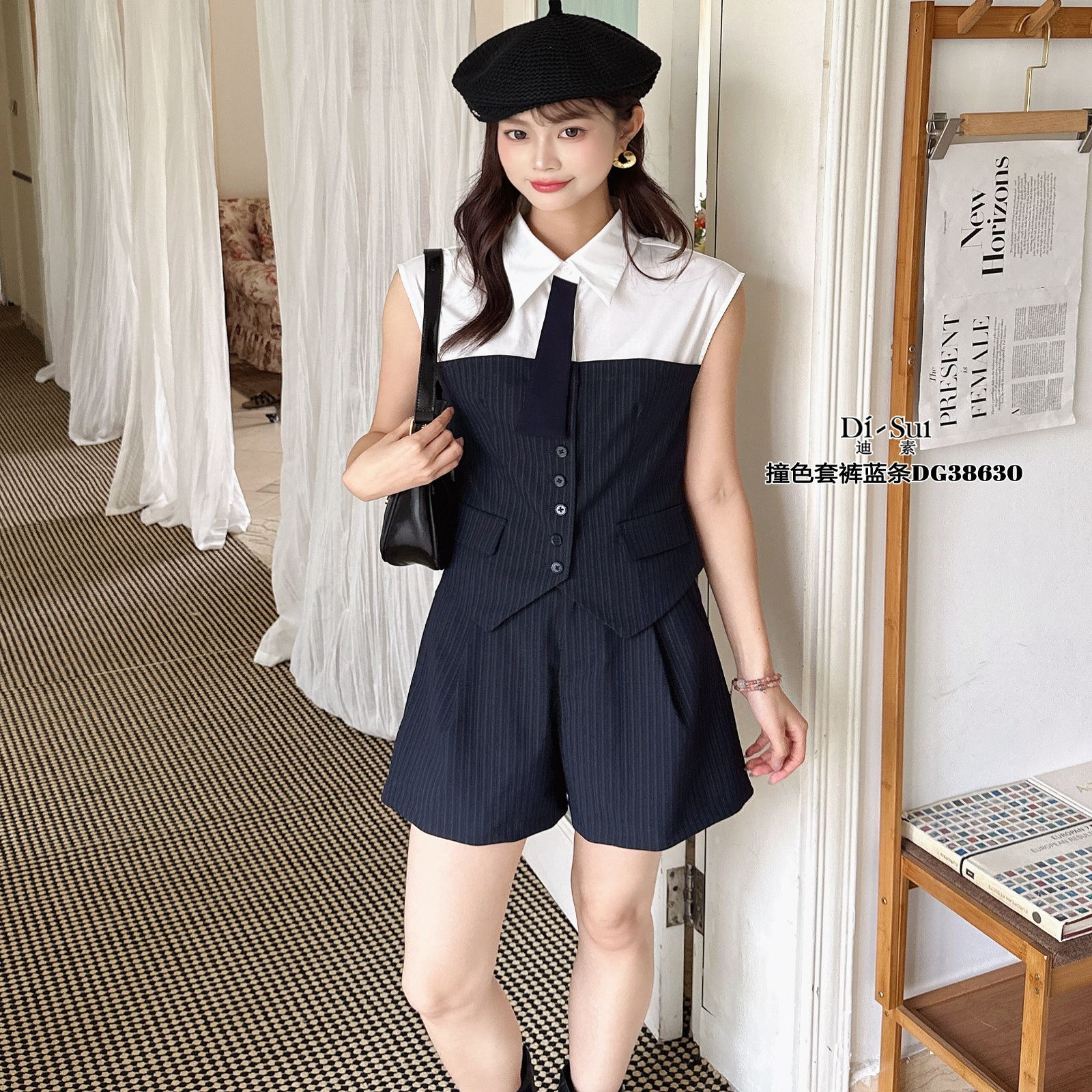 现货特价DI-SUI女装2025夏季38630韩版宽松显瘦撞色套裤短裤套装