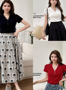 现货特价DI-SUI欧洲站2025新款女时尚V领拼蕾丝短袖百搭T恤29523