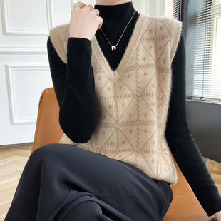 100纯羊毛衫马甲背心女V领提花无袖针织套头毛衣坎肩显瘦百搭打底