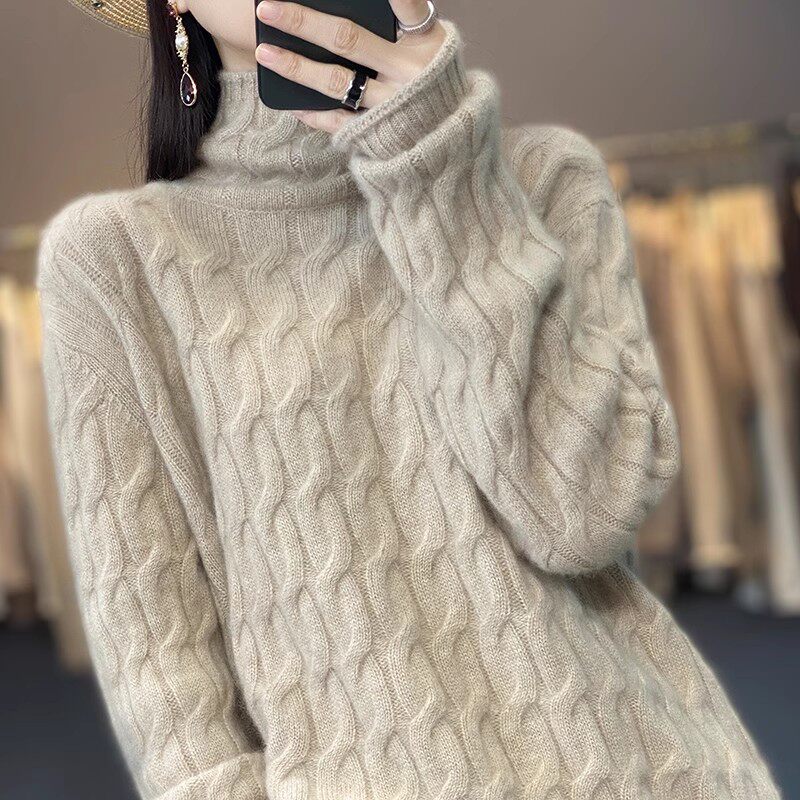 新款加厚复古麻花100%纯羊毛衫女高领宽松套头打底针织衫休闲毛衣