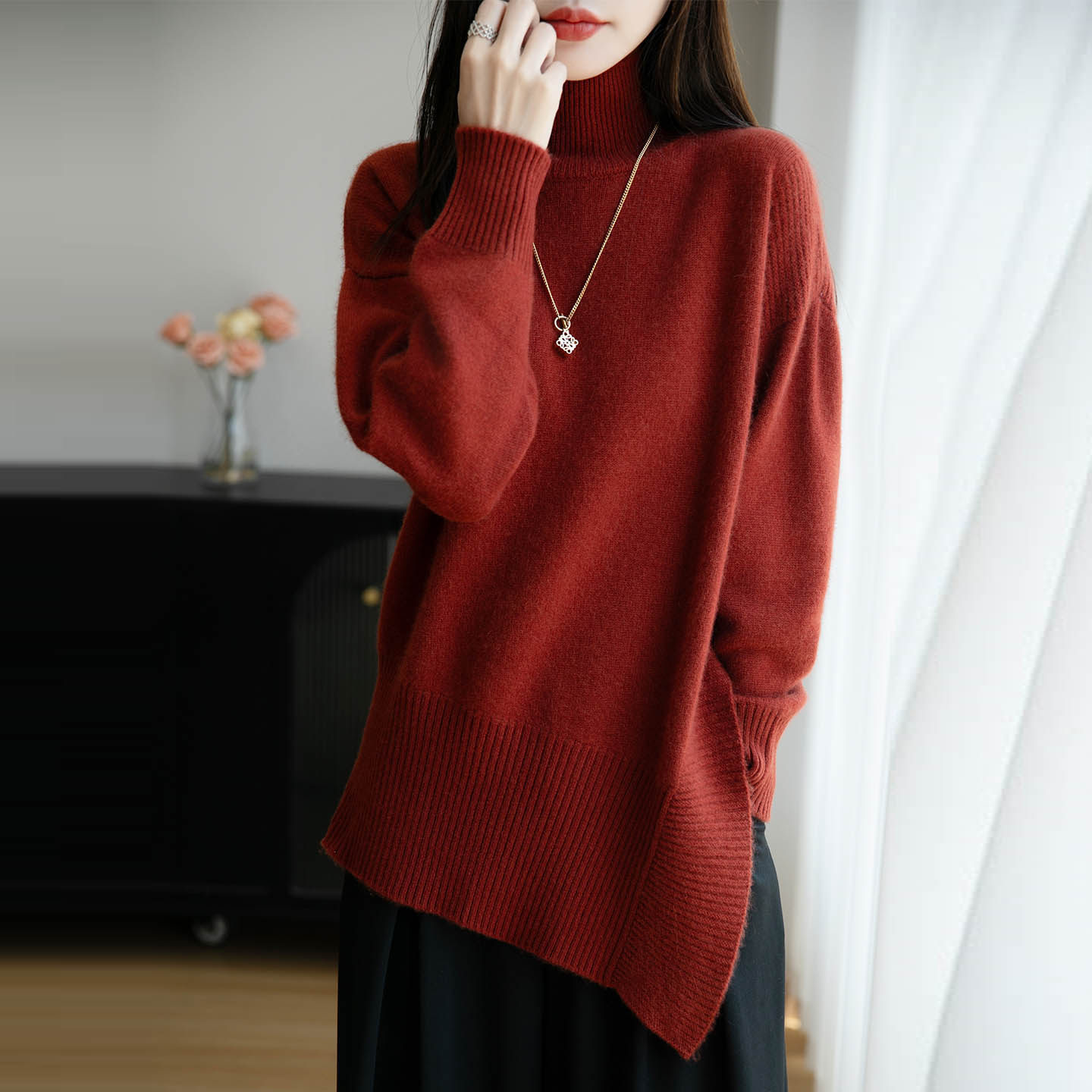25秋冬新款高领开叉纯羊毛加厚显瘦长袖宽松慵懒洋气中长款毛衣女,女装/女士精品,毛针织衫,淘宝优惠券,粉丝福利购,淘宝优惠卷