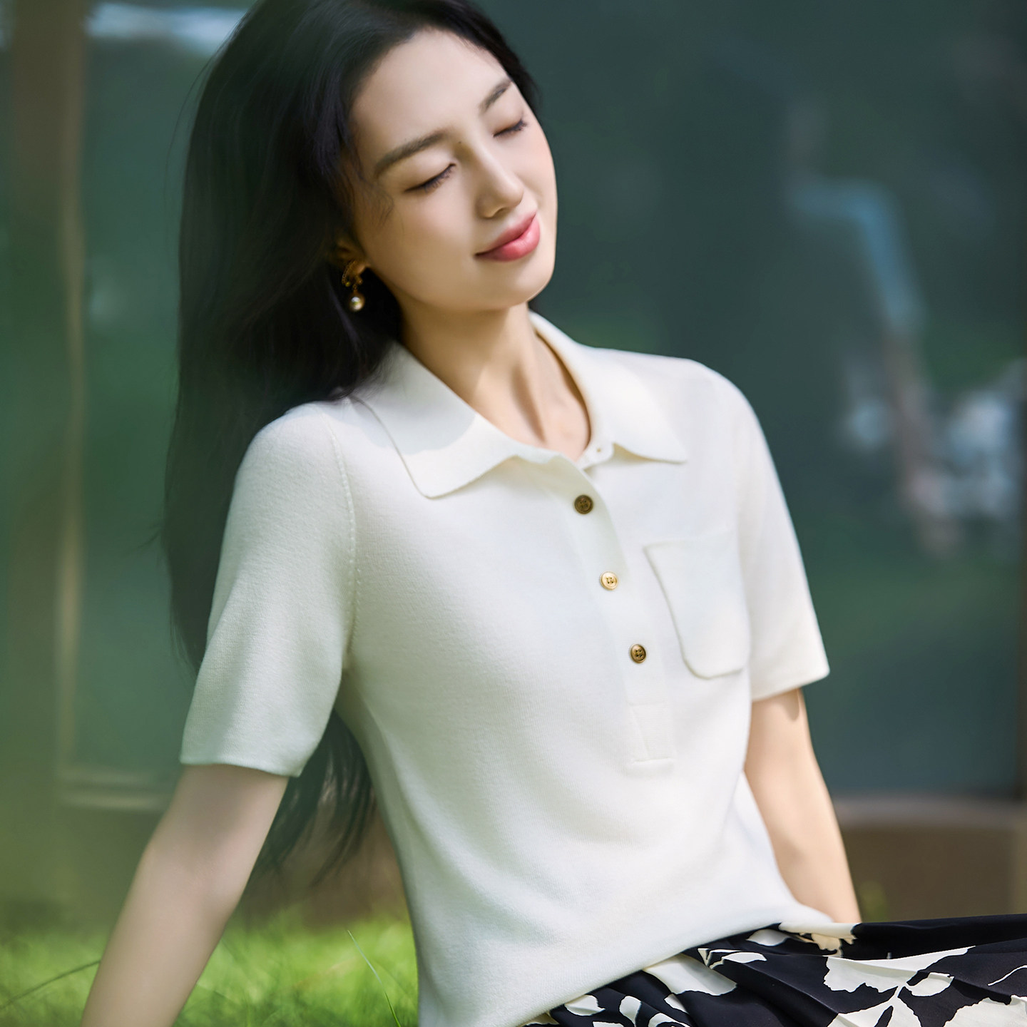 Polo领带兜精纺羊毛短袖女春秋纯色套头针织半袖简约百搭翻领上衣