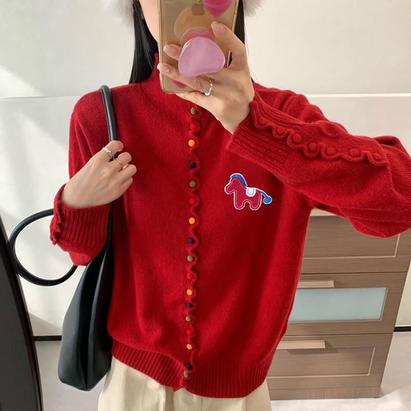 新年红色彩扣开衫女本命年100%纯羊毛衫秋冬针织马年立领毛衣外套