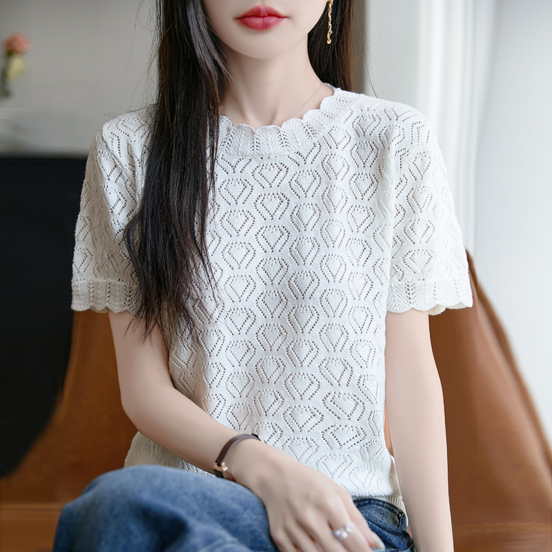 夏季花边圆领纯棉镂空短袖T恤女宽松薄款套头针织半袖外搭上衣潮