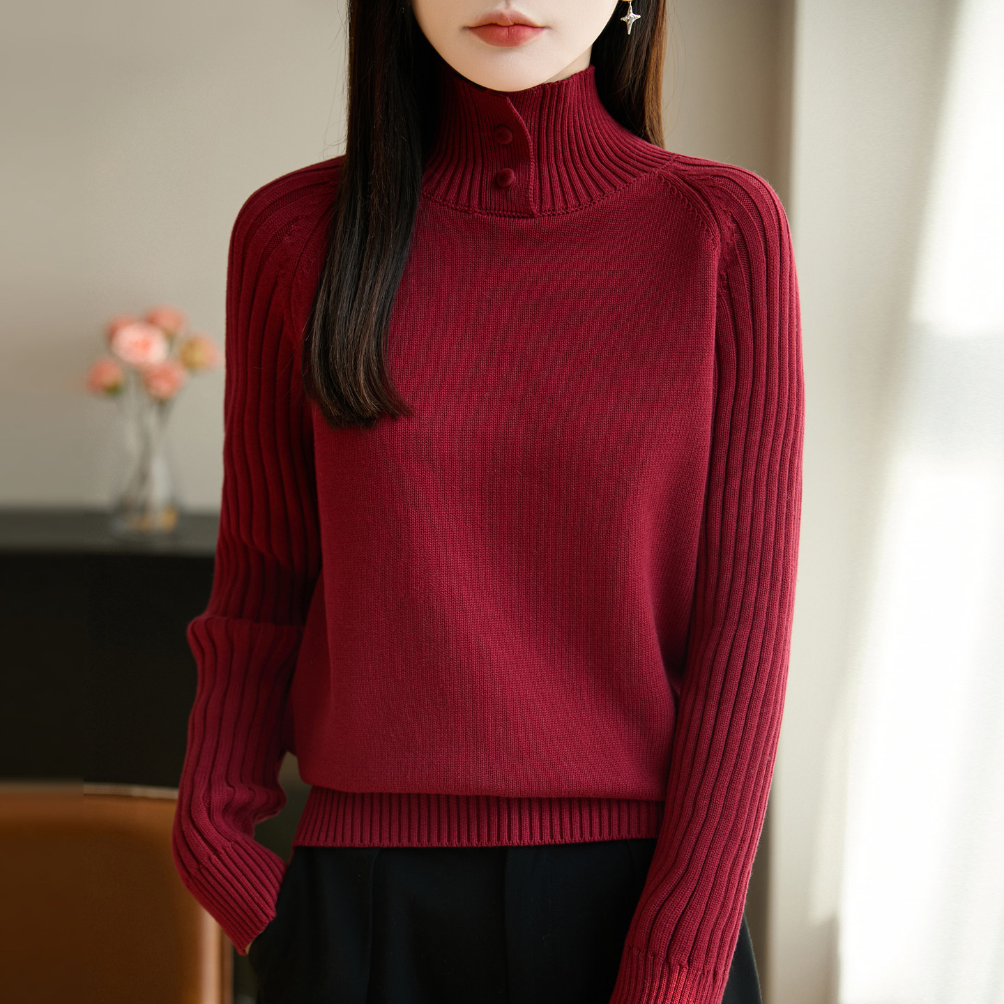 纯棉线加厚立领针织衫女秋冬新款宽松显瘦打底内搭毛衣慵懒风上衣