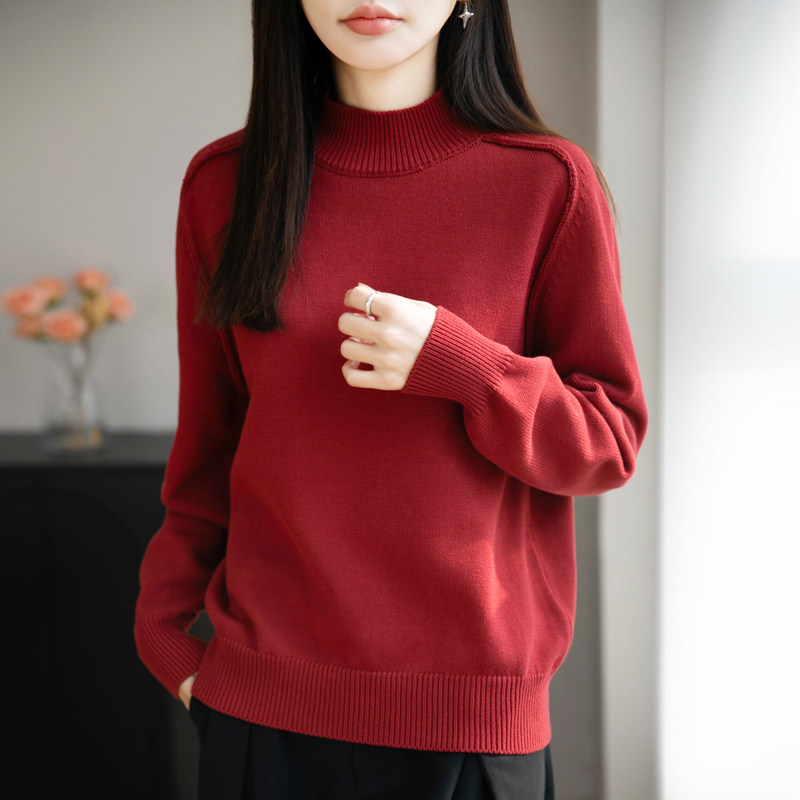 冬季100%纯棉线女半高领加厚毛衣时尚宽松气质纯色上衣针织打底衫