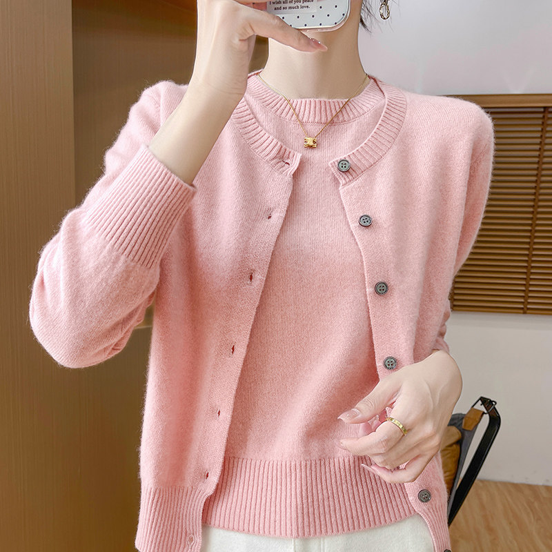 秋冬季新款100%纯羊毛开衫短袖两件套女圆领针织长袖毛衣羊绒外套