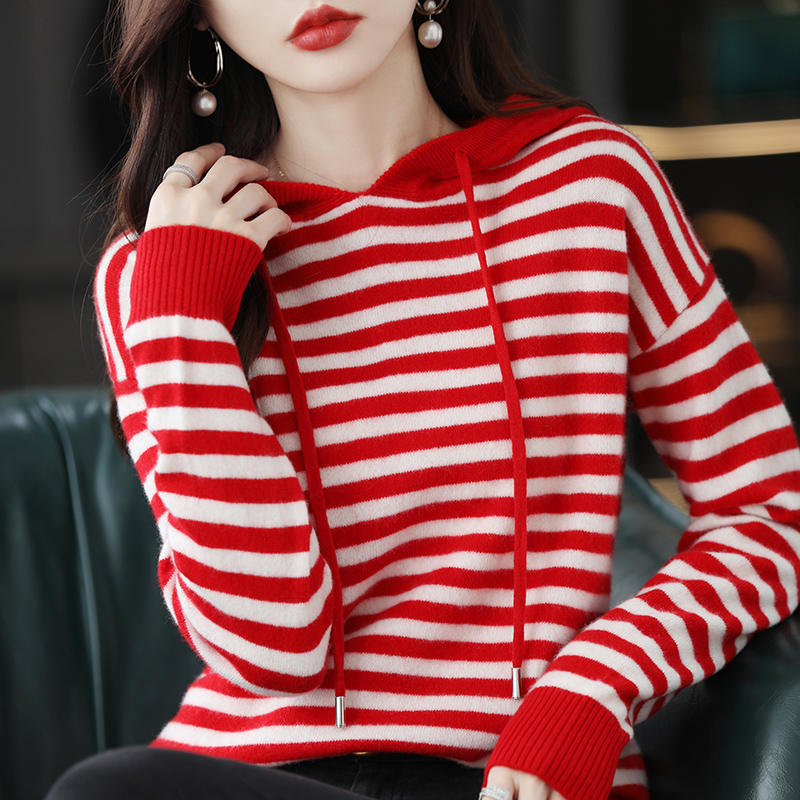 25秋冬新款100%纯羊毛连帽针织衫女宽松百搭抽绳条纹撞色打底帽衫