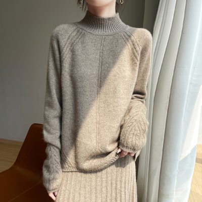 100%纯羊毛衫女半高领马蹄袖提花宽松打底衫冬季新款时尚套头毛衣