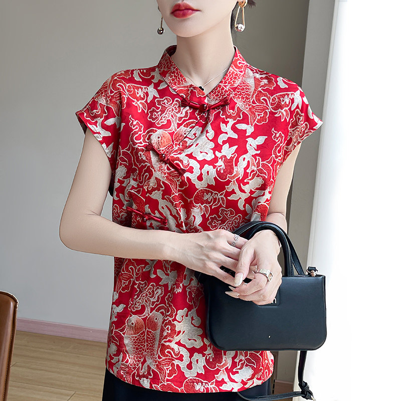 新中式国风斜襟盘扣旗袍立领短袖上衣女香云纱缎面提花小衫T恤夏