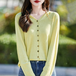 25年新款天丝亚麻帽衫女开衫春夏薄款长袖打底衫连帽针织休闲外套