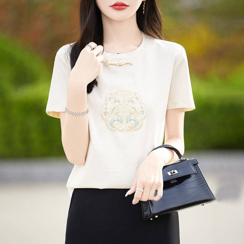 夏季款丝光棉国风盘扣短袖t恤女宽松新中式半袖气质圆领背心上衣