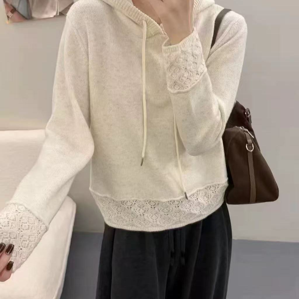 钩花镂空连帽100%纯羊毛衫女秋冬新款抽绳带帽设计感针织打底毛衣