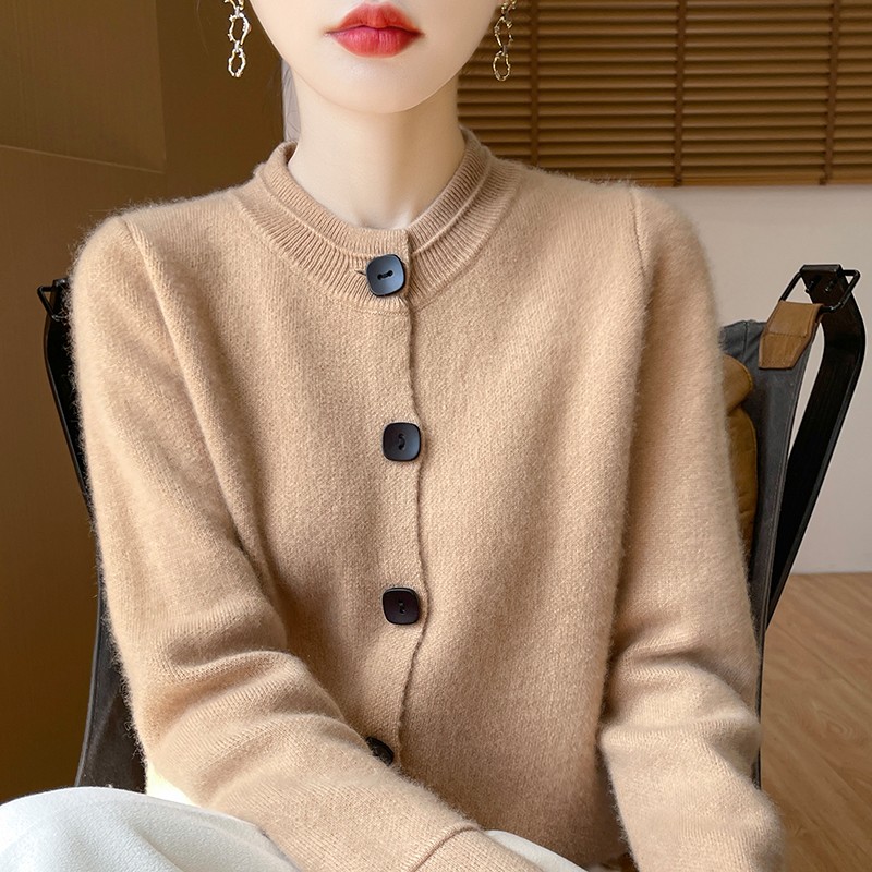 秋冬新款100%纯羊毛衫女开衫圆领宽松洋气羊绒毛衣韩版百搭针织衫
