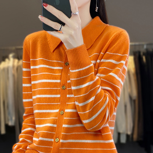 新款100纯羊毛Polo衫女拼色条纹针织打底衫宽松羊毛外套秋冬毛衣