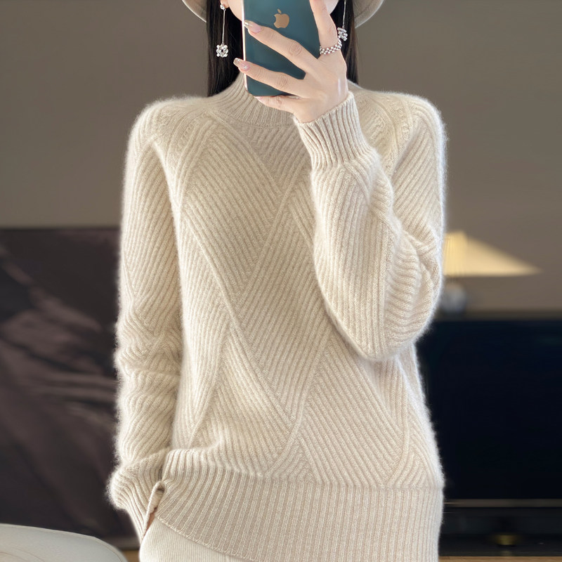 半高领毛衣女秋冬季加厚新款菱形针织打底衫内搭大码100%纯羊毛衫