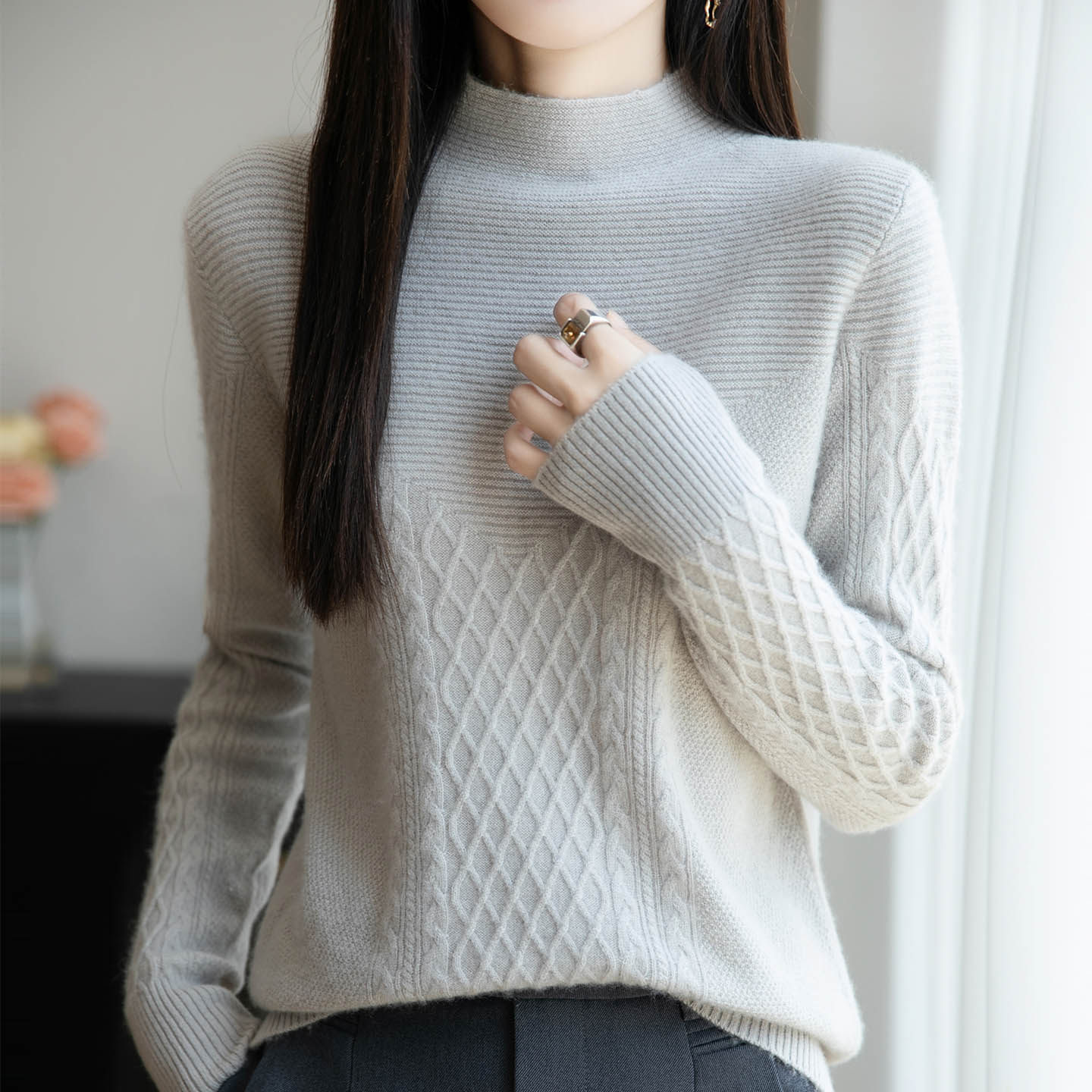 半高领菱形提花纯羊毛衫女2025秋冬新款百搭洋气休闲显瘦上衣毛衣