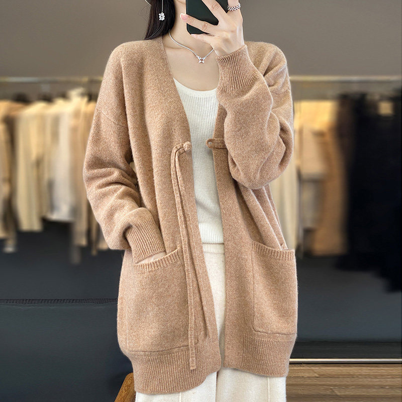 100%纯羊毛开衫中长款女带兜上衣秋冬季新款百搭外套毛衣加厚上衣