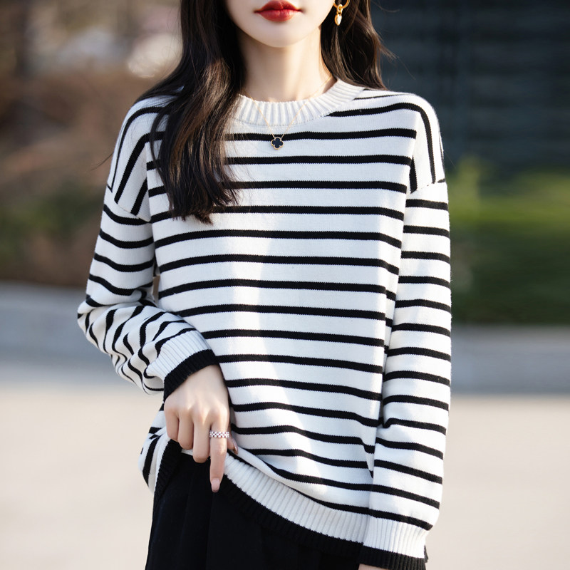 新款100%纯棉线圆领条纹毛衣女宽松休闲加厚拼色显瘦针织打底上衣