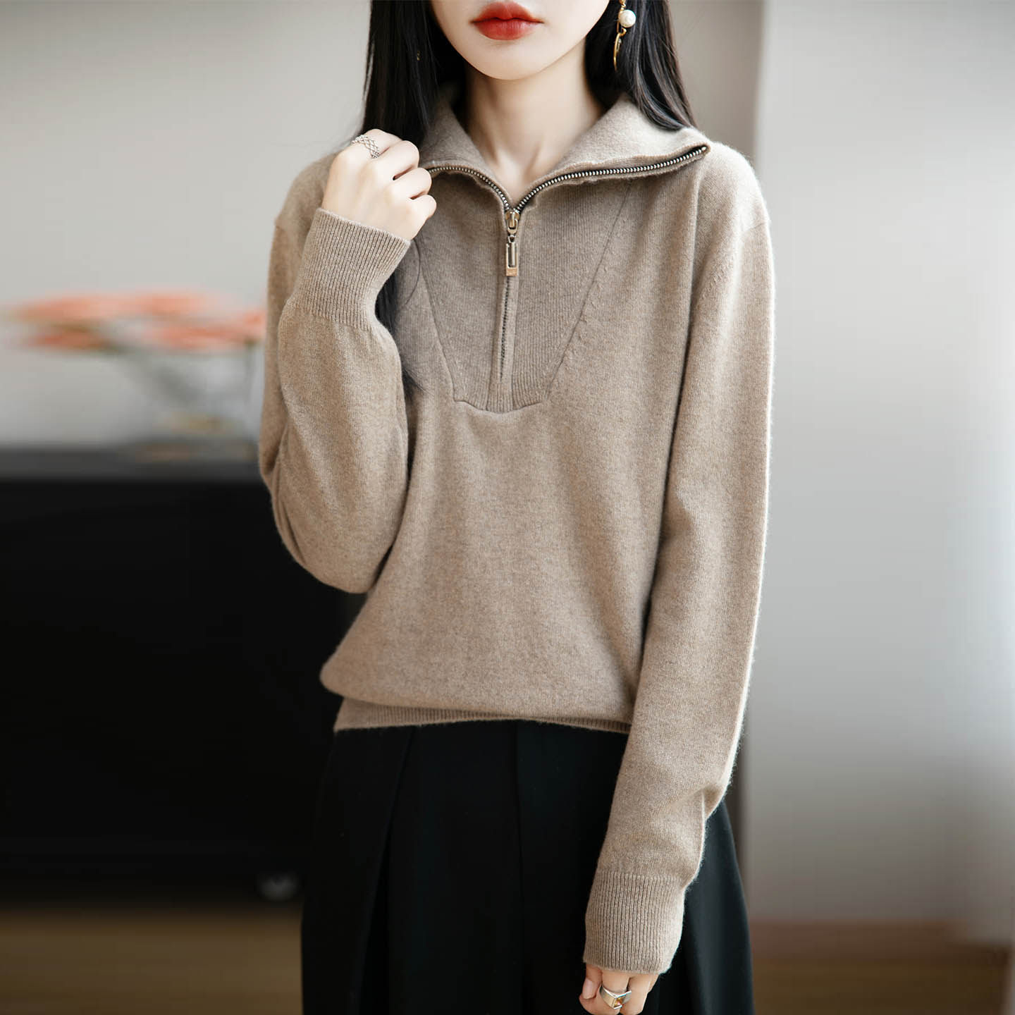 25秋冬新款高领拉链100%纯羊毛针织衫女长袖百搭洋气通勤上衣毛衣,女装/女士精品,毛针织衫,淘宝优惠券,粉丝福利购,淘宝优惠卷