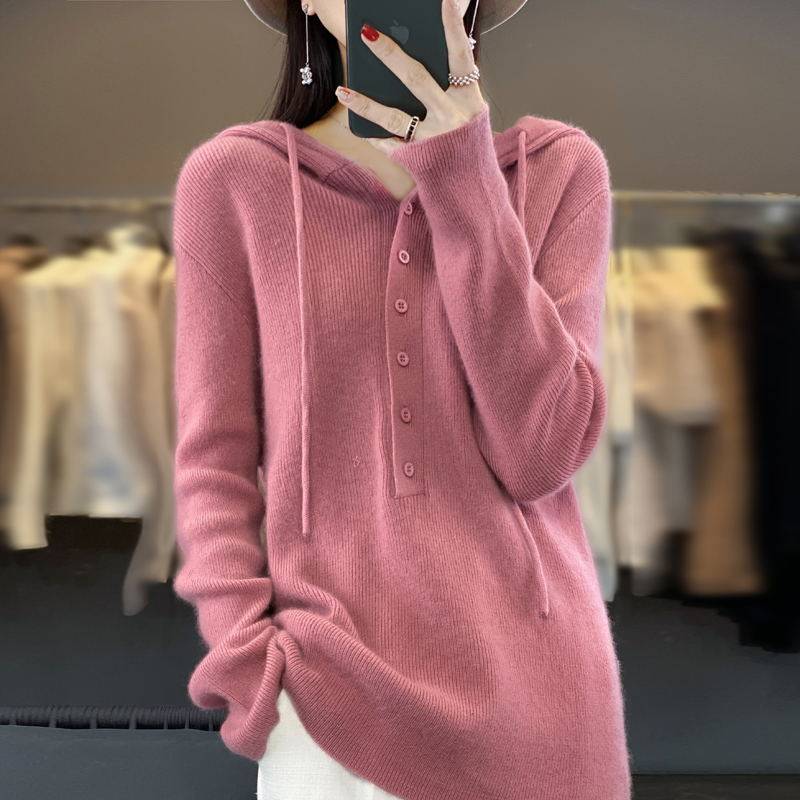 羊毛衫女纯色连帽针织套头毛衣韩版宽松秋冬新款羊绒帽衫打底上衣