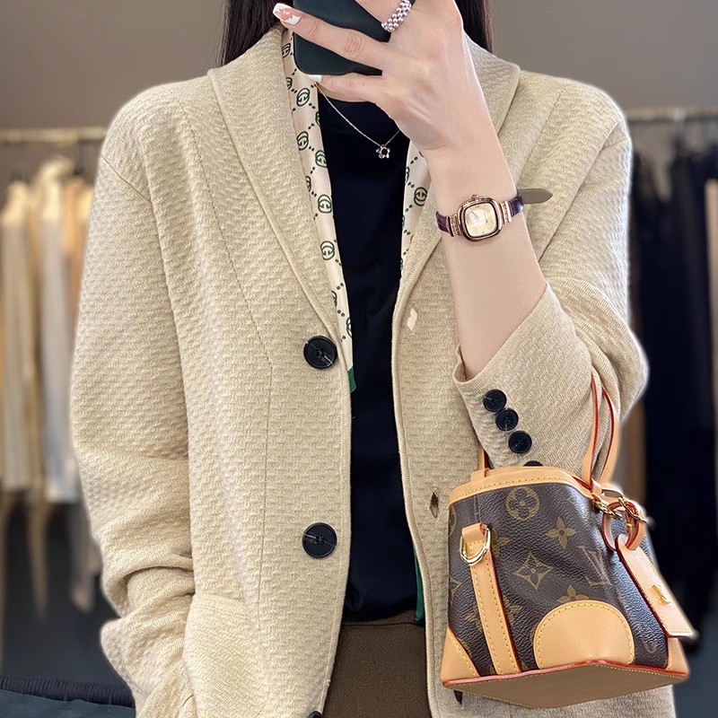 2023春秋新款针织开衫外套女西装领韩版宽松显瘦纯色长袖上衣百搭